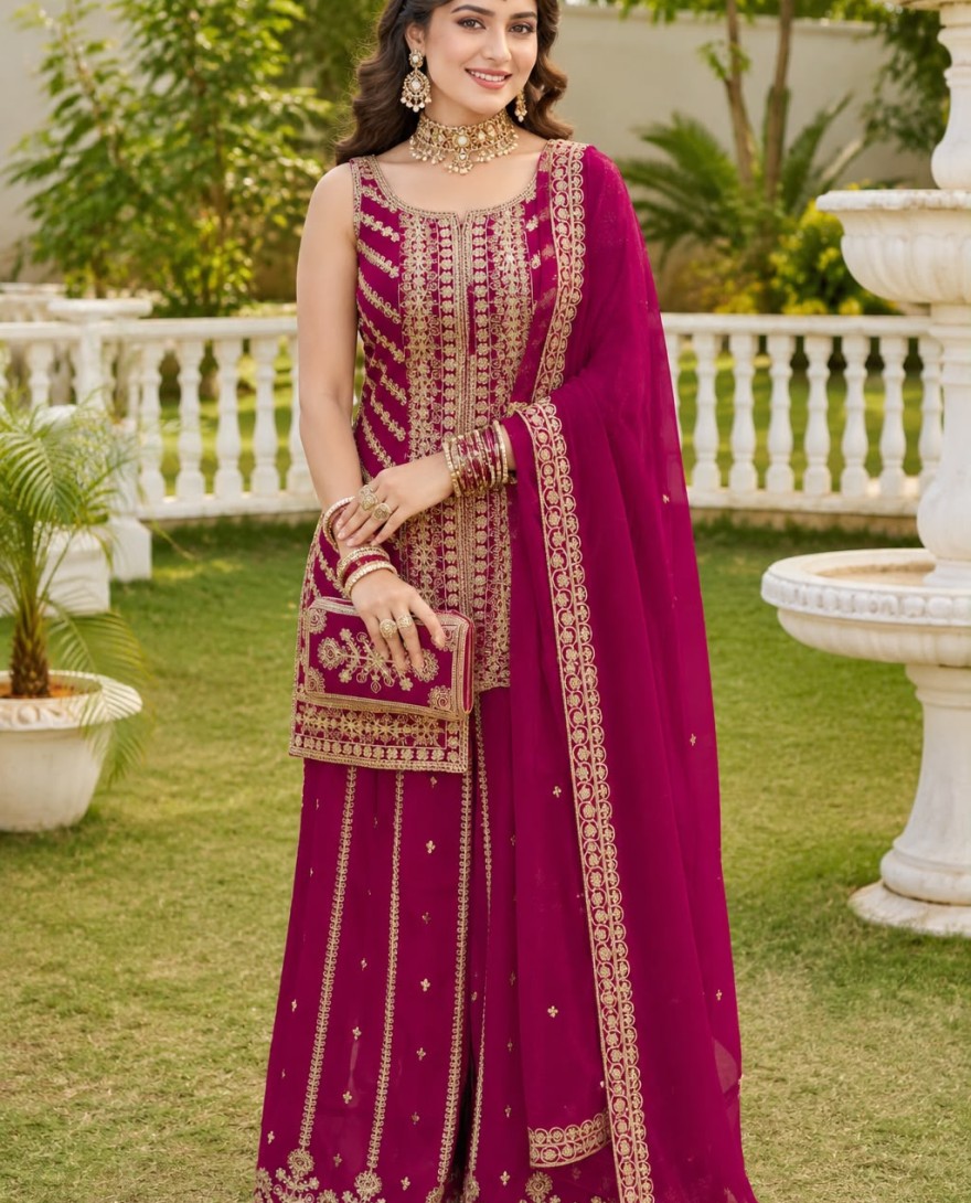 PINK - Rani Georgette Embroidered and Sequins Work Palazzo Salwar Suit